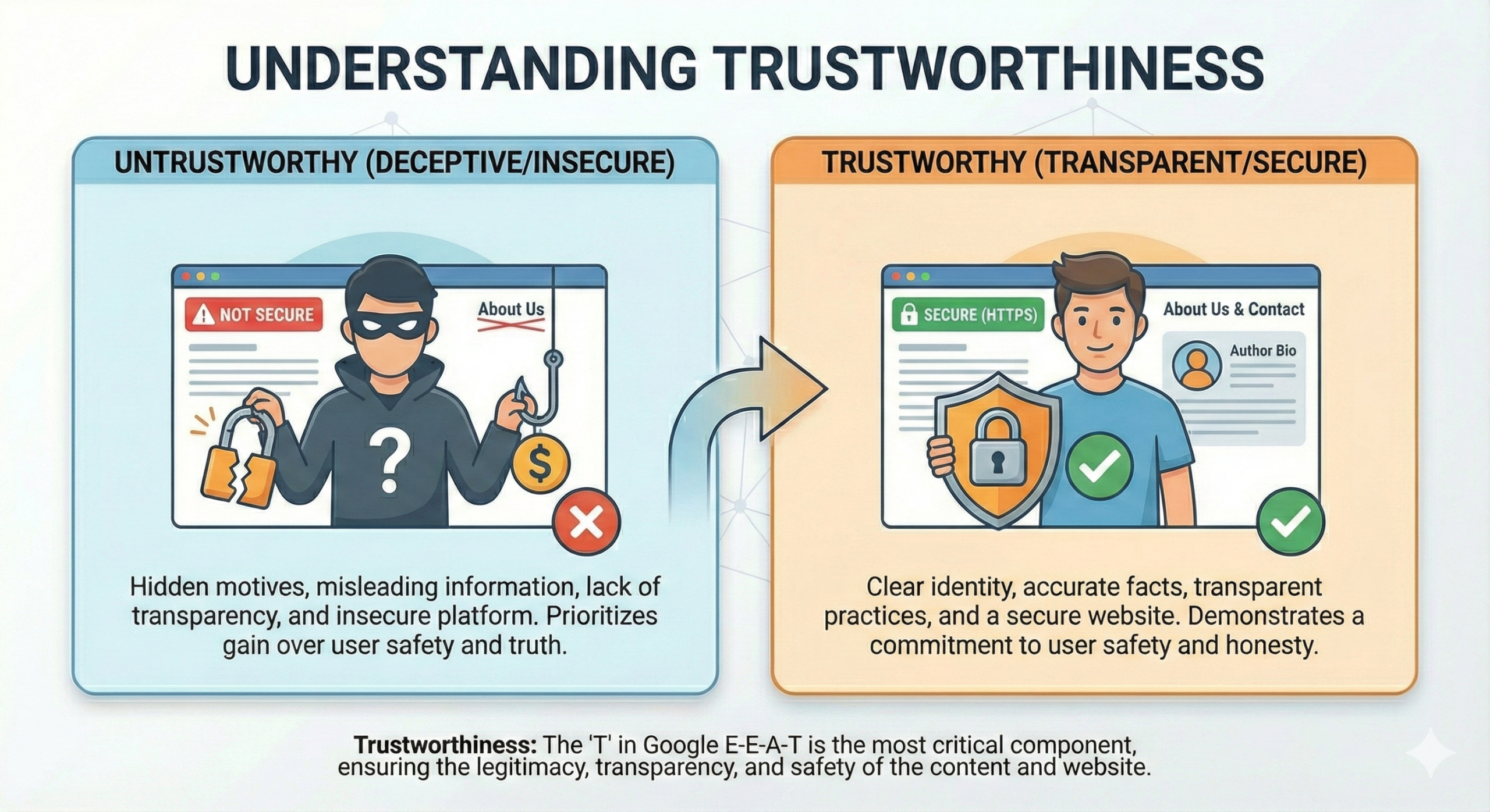 Google E-E-A-T, E-E-A-T in SEO, SEO basics, SEO for beginners, Google ranking factors, E-E-A-T guide, experience expertise authority trust, YMYL SEO, trust signals SEO, website credibility, SEO content strategy, helpful content update, Google quality rater guidelines, AI and SEO, digital marketing education, Talha Marketing
